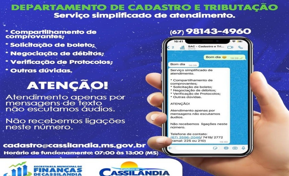 Departamento de Cadastro e Tributação disponibiliza contato pelo WhatsApp