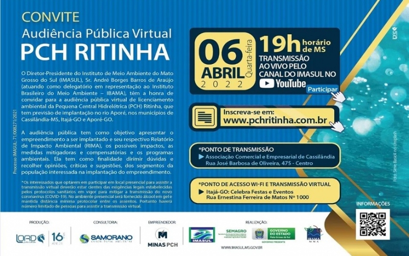 Convite: audiência pública virtual da PCH Ritinha em Cassilândia