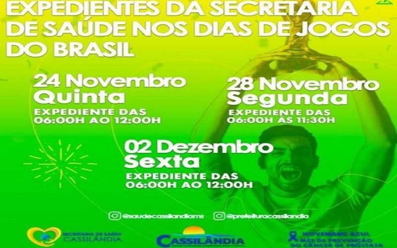 Cassilândia: Secretaria de Saúde terá horários especiais em dias de jogos da seleção brasileira na Copa do Mundo