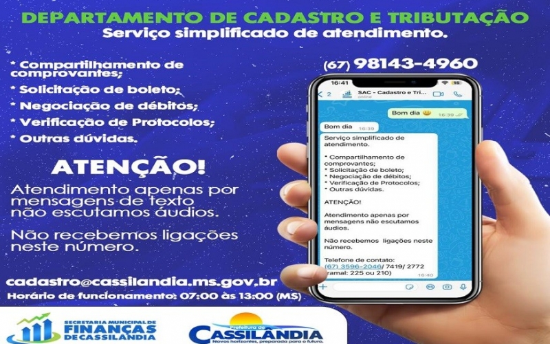 Departamento de Cadastro e Tributação disponibiliza contato pelo WhatsApp